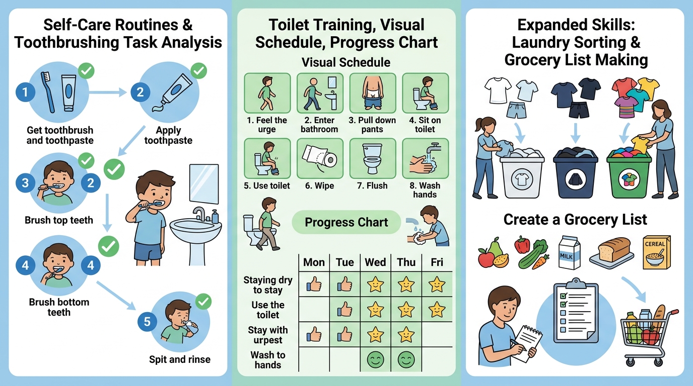 Three-panel infographic showing in-home ABA daily living skills progression from self-care to community readiness