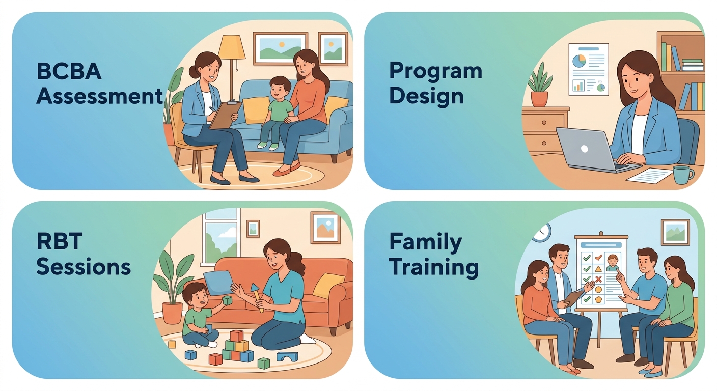Vertical process flow of four stages of in-home ABA therapy services in Athens, GA: assessment, program design, therapist sessions, and family training.