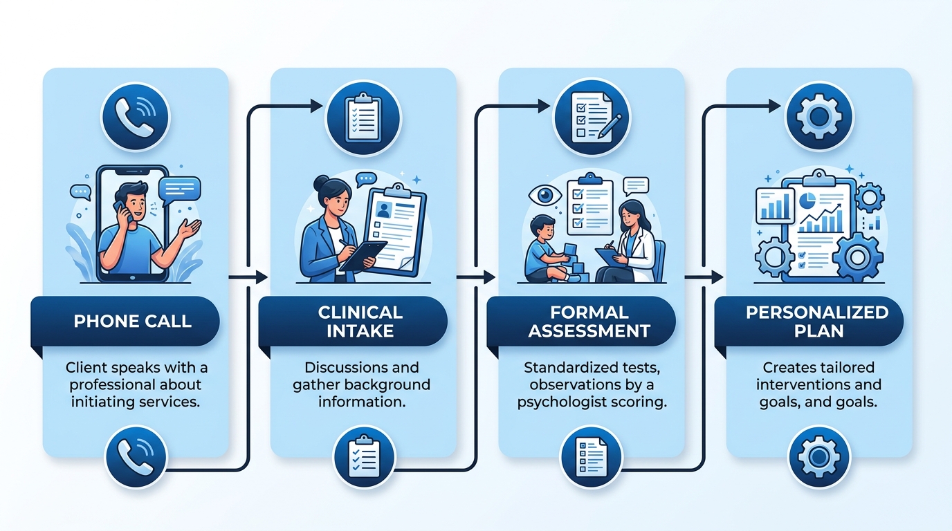 Flowchart showing the 4-step ABA therapy intake process from phone call through assessment to personalized plan