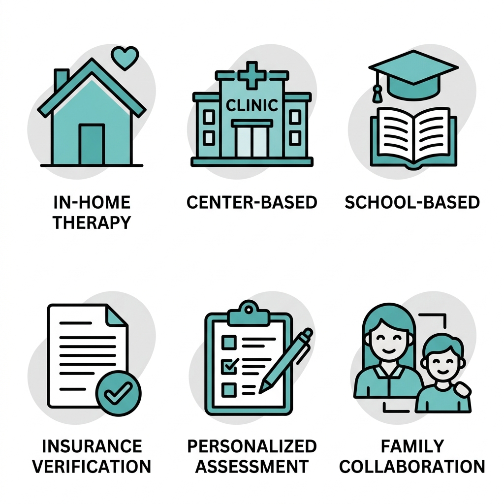 Grid of 6 icons representing different ABA therapy service delivery models including in-home, center-based, school-based, insurance verification, personalized assessment, and family collaboration