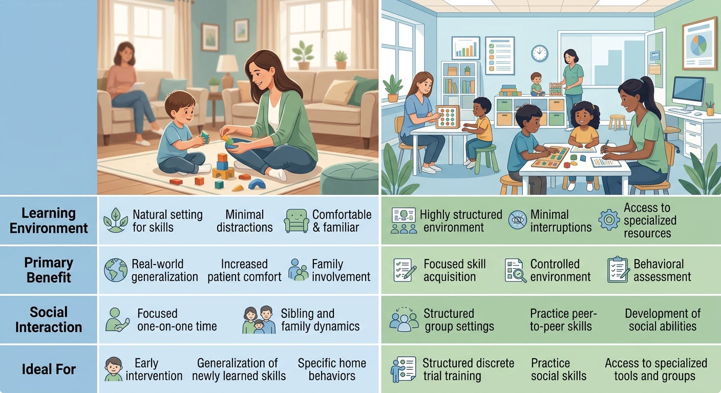 Infographic comparing in-home ABA therapy in a cozy home environment with a therapist and child versus center-based therapy in a bright clinic with structured peer interaction, highlighting learning environments and primary benefits.
