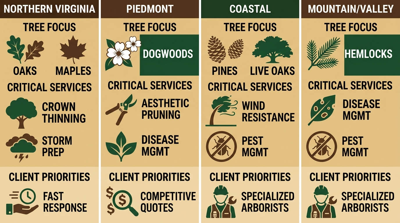 Infographic comparing tree care needs by Virginia region, including species, care types, and service availability.