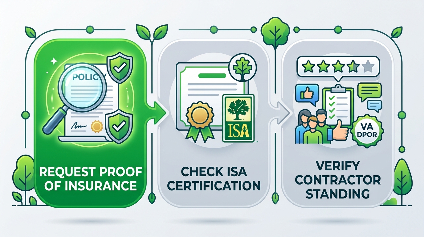 A three-step horizontal process flow diagram illustrating how to vet professional tree care services in Virginia by checking insurance, certifications, and state contractor standing.