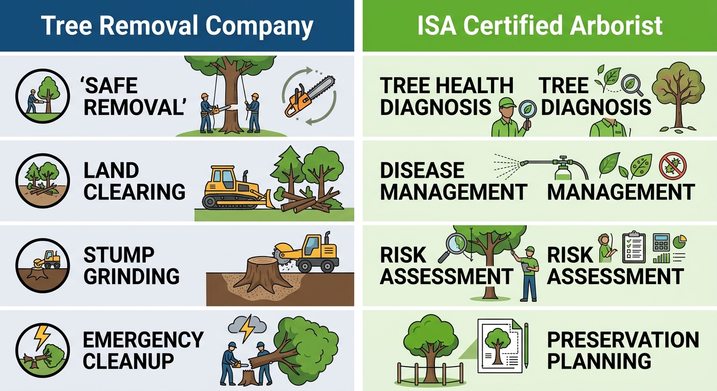 Infographic comparing tree removal company services with ISA certified arborist services, showing safe removal and tree health diagnosis icons