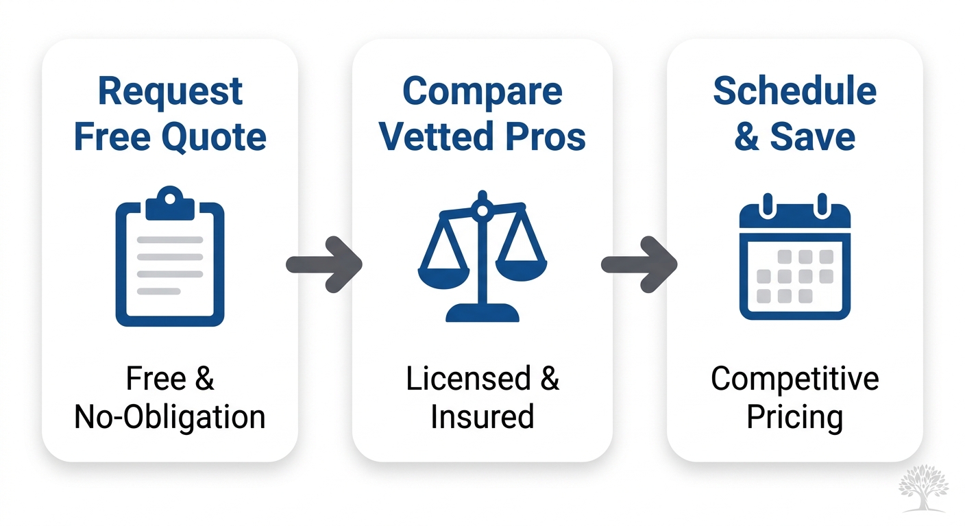 Three-step horizontal process flow showing how to get a tree removal quote: request, compare pros, and schedule to save.