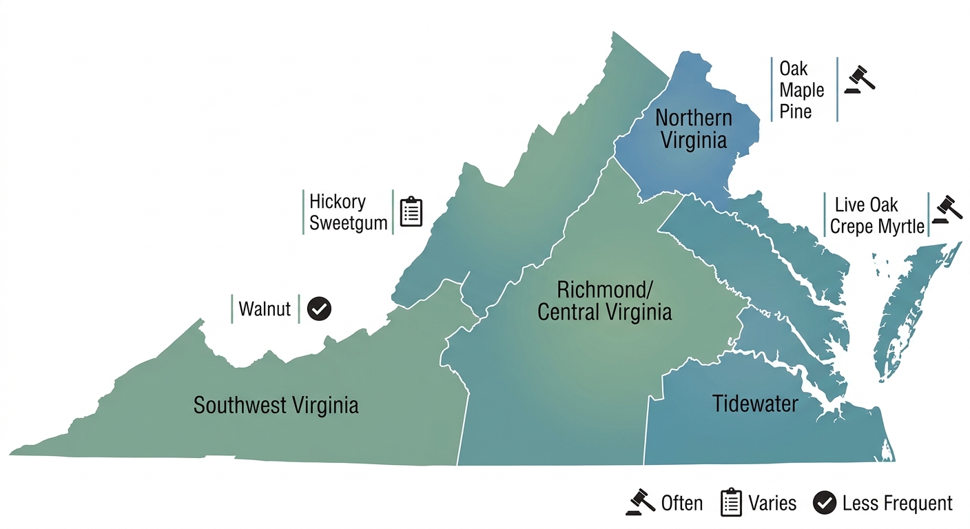 Map of Virginia showing four tree service regions with typical tree species and permit frequency indicators