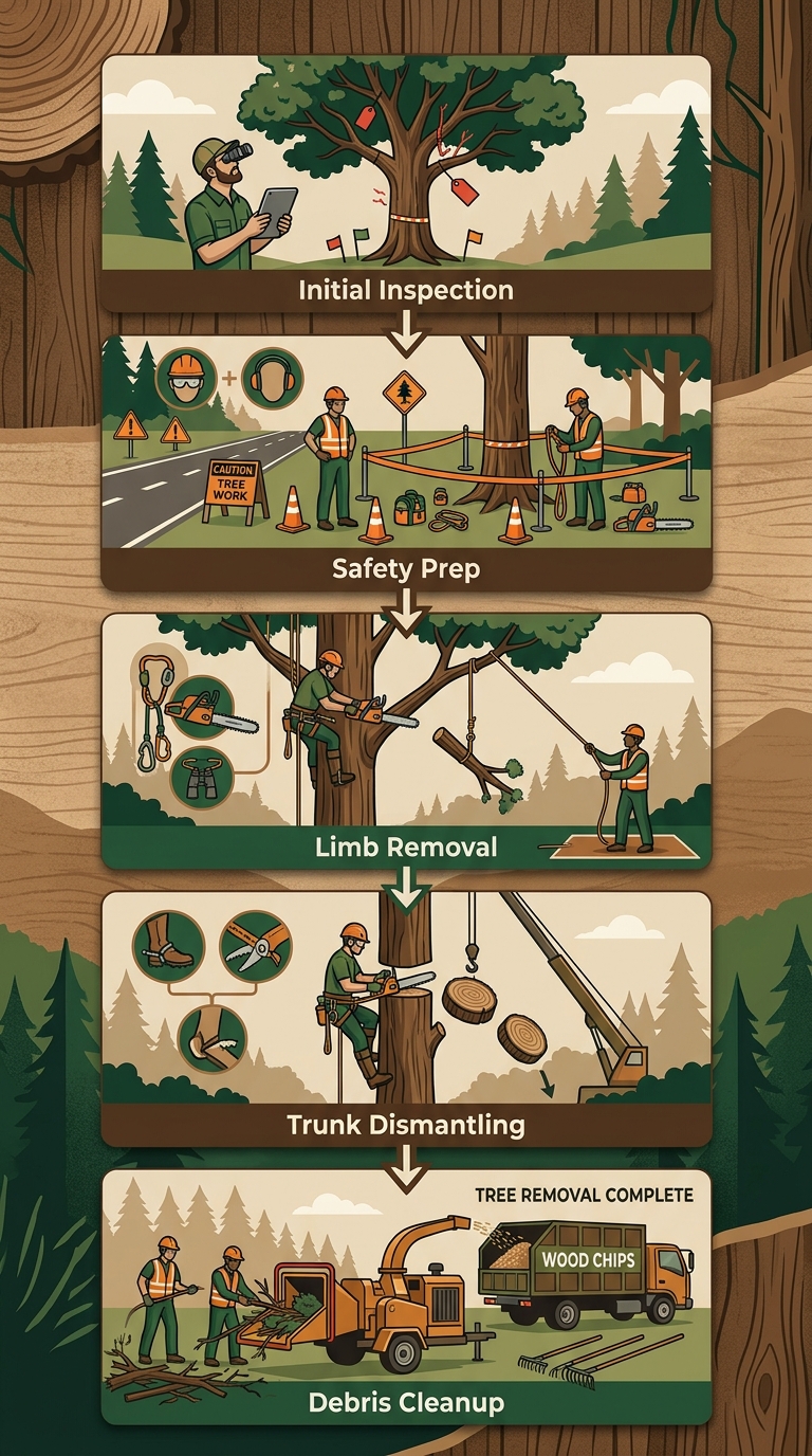 Step-by-step diagram of a professional tree removal process with five stages, from inspection to cleanup.