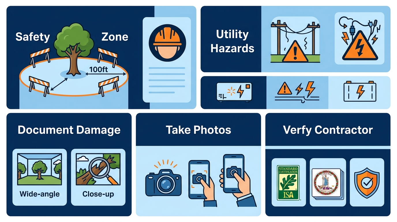 Infographic checklist guiding Virginia homeowners through three critical phases after a storm: maintaining a safe perimeter from hazards, thoroughly documenting tree damage with photos, and verifying contractor credentials before hiring.