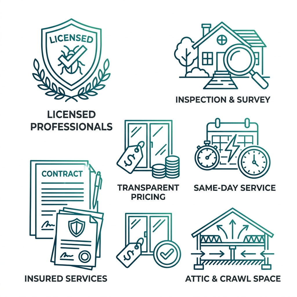 Six-icon grid illustrating local provider matching benefits for rat removal