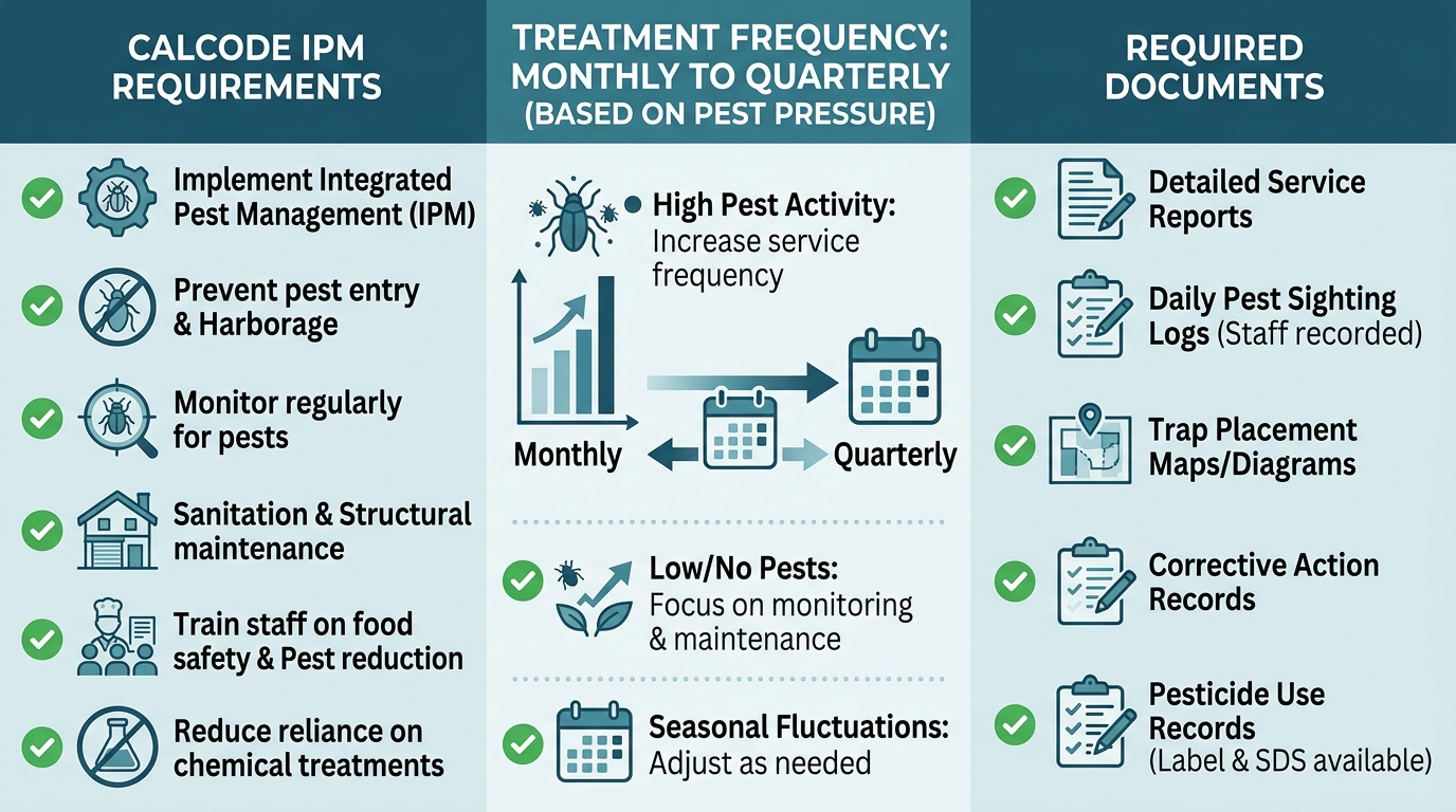 Infographic illustrating three pillars of restaurant pest control compliance in Los Angeles County: CalCode IPM, treatment frequency, and required documentation.