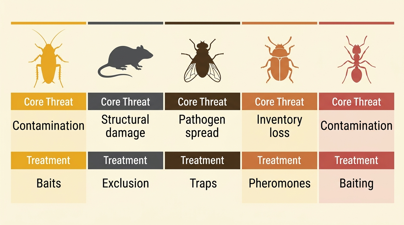 Infographic showing five primary restaurant pests in Los Angeles: German cockroaches, rodents, flies, stored product beetles, and ants, with their core threats and commercial treatment approaches, color-coded by category.