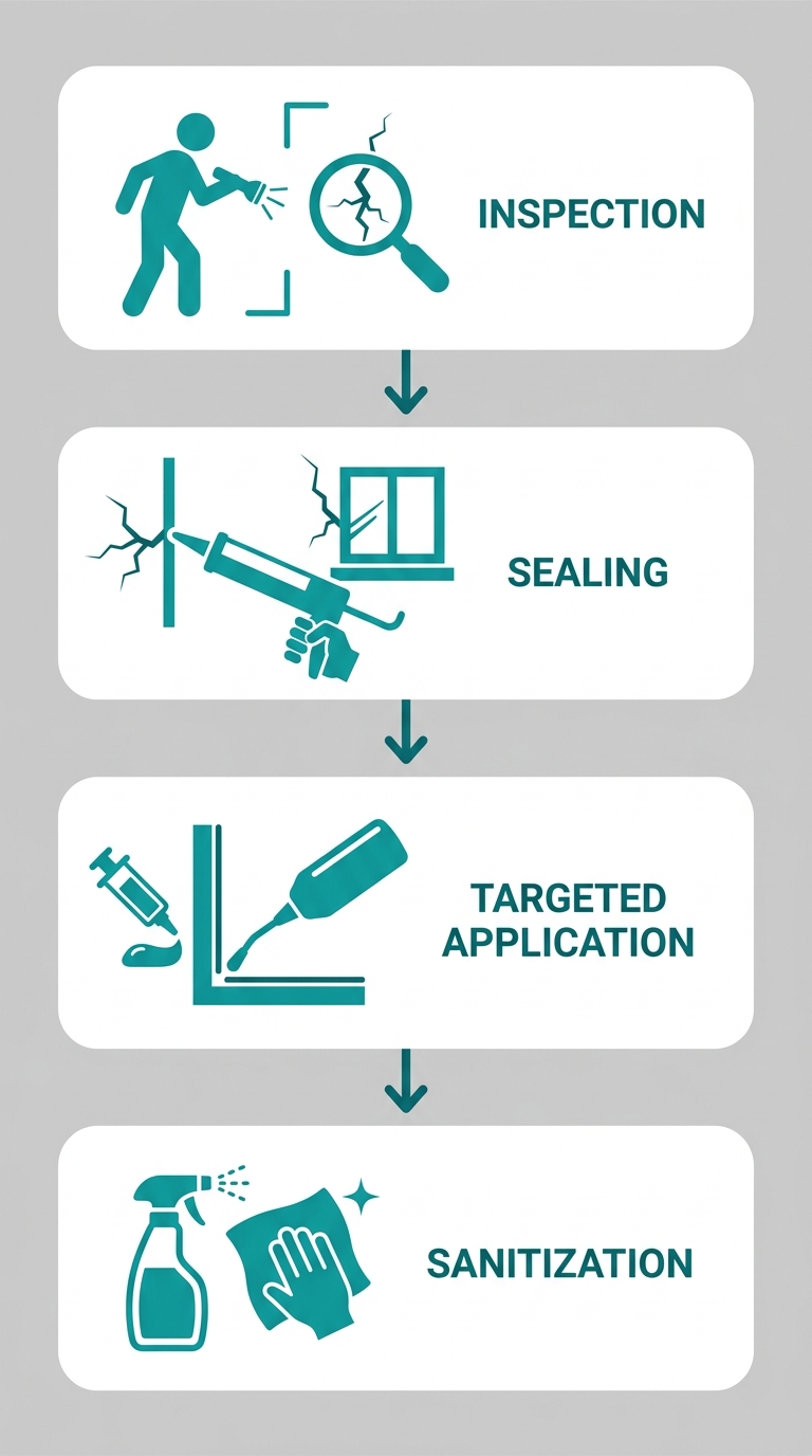 Four stages of Integrated Pest Management for safer indoor air quality, showing inspection, sealing, targeted application, and sanitization steps without titles.