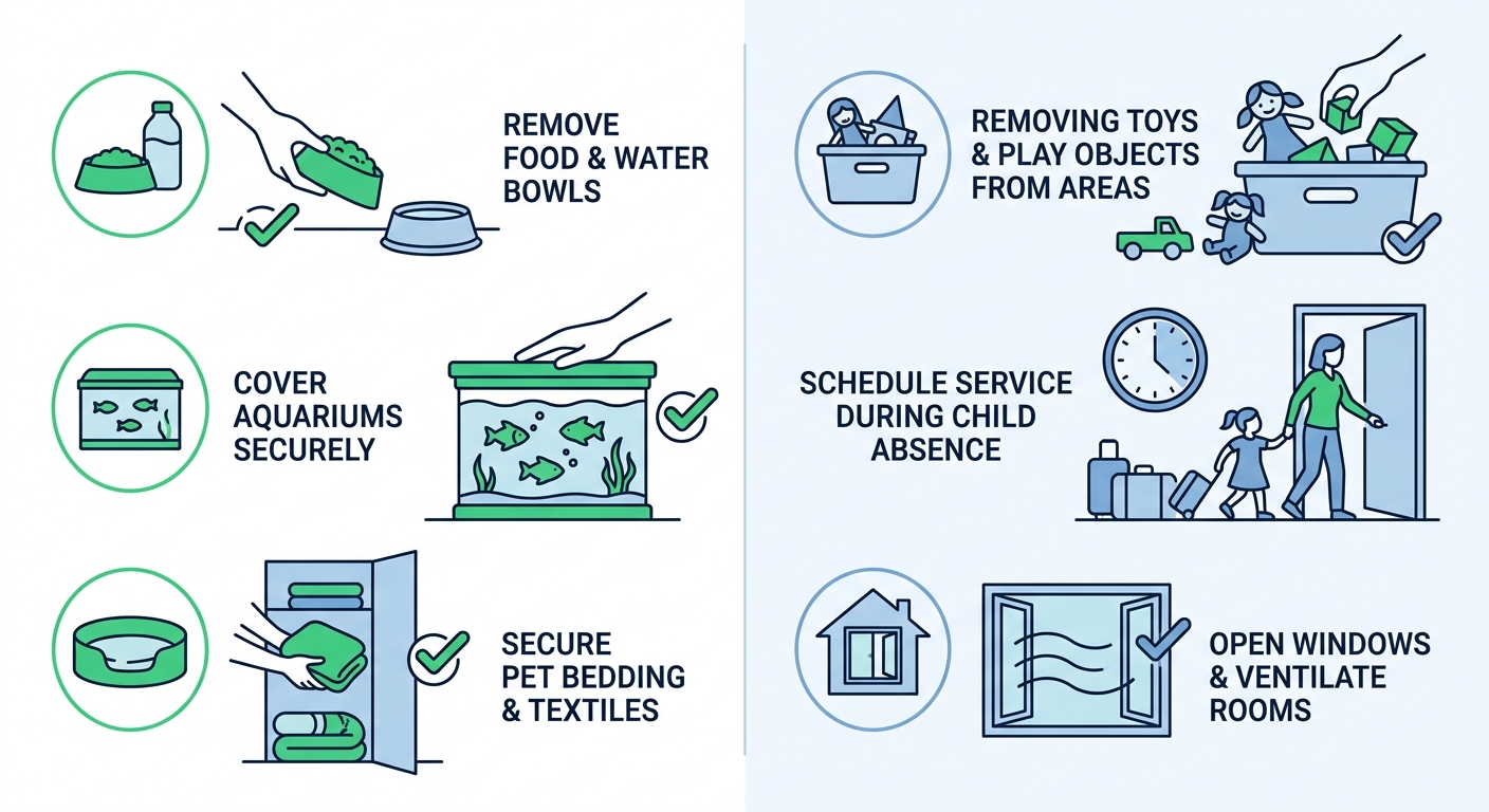Infographic comparing pet and child safety preparation steps for pest control services.