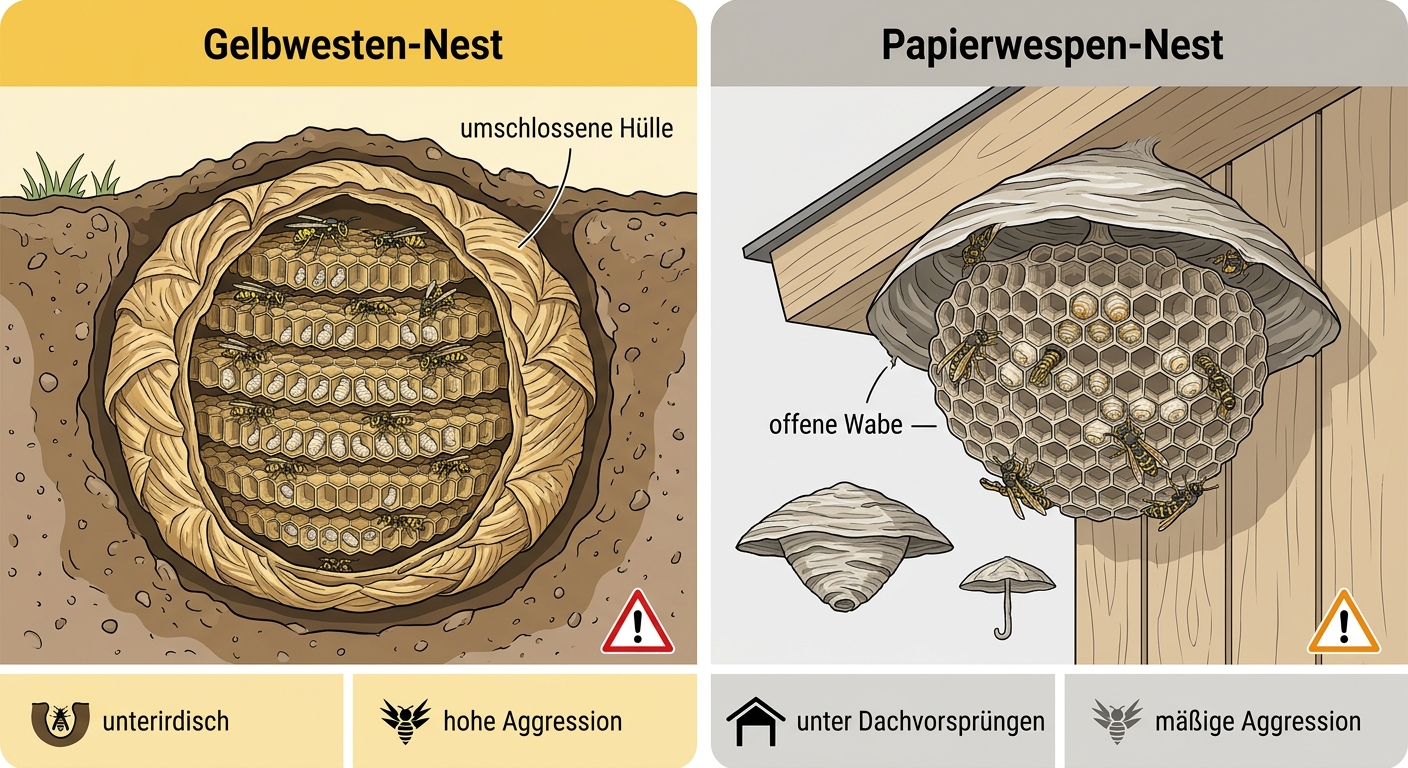 Vergleichsinfografik: Unterirdisches Nest der Gelbweste mit geschlossener Hülle gegenüber offenem Wabennest der Papierwespe unter einem Dachvorsprung.