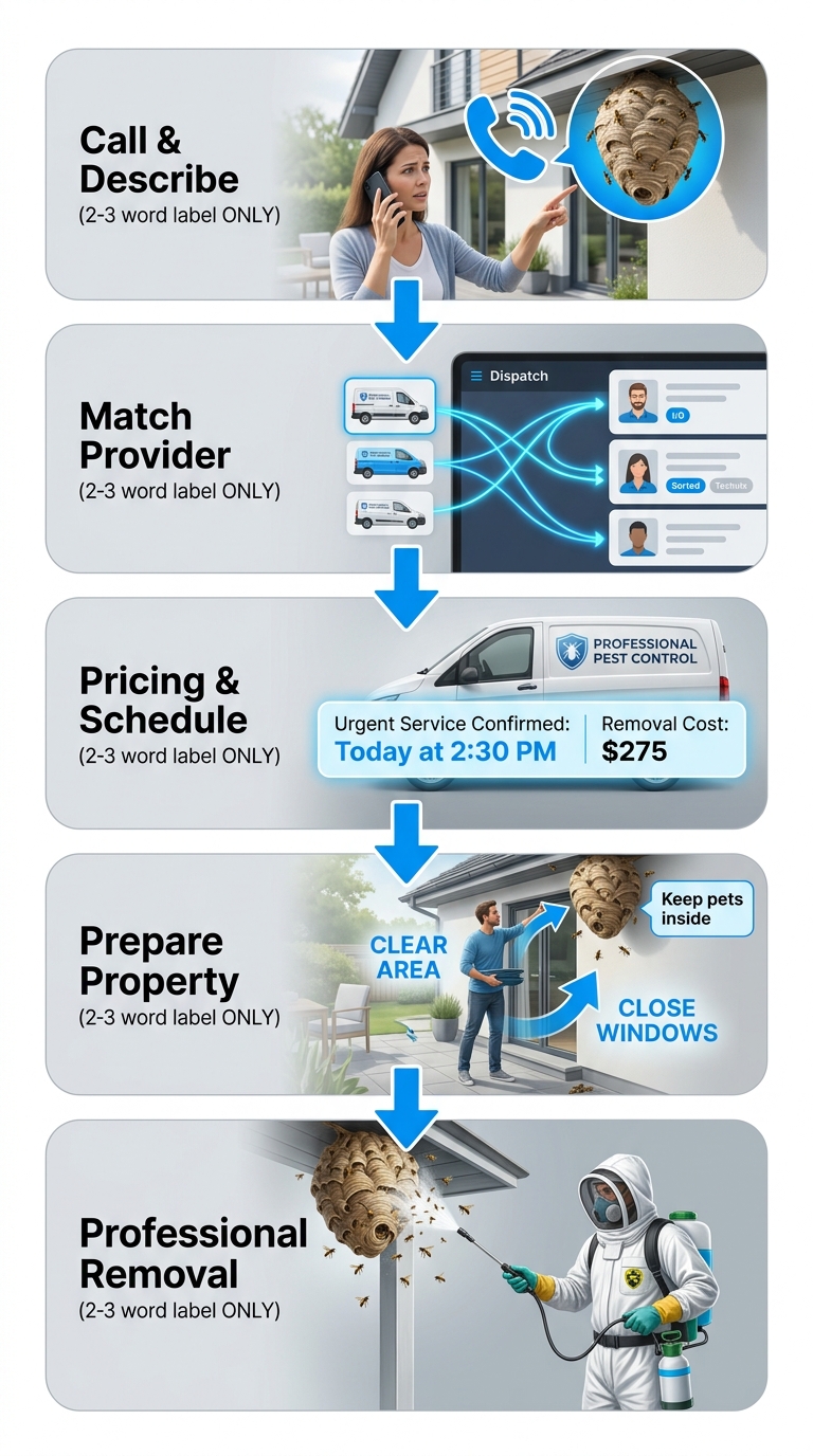 Vertical five-step process flow for urgent professional wasp nest removal in Los Angeles.
