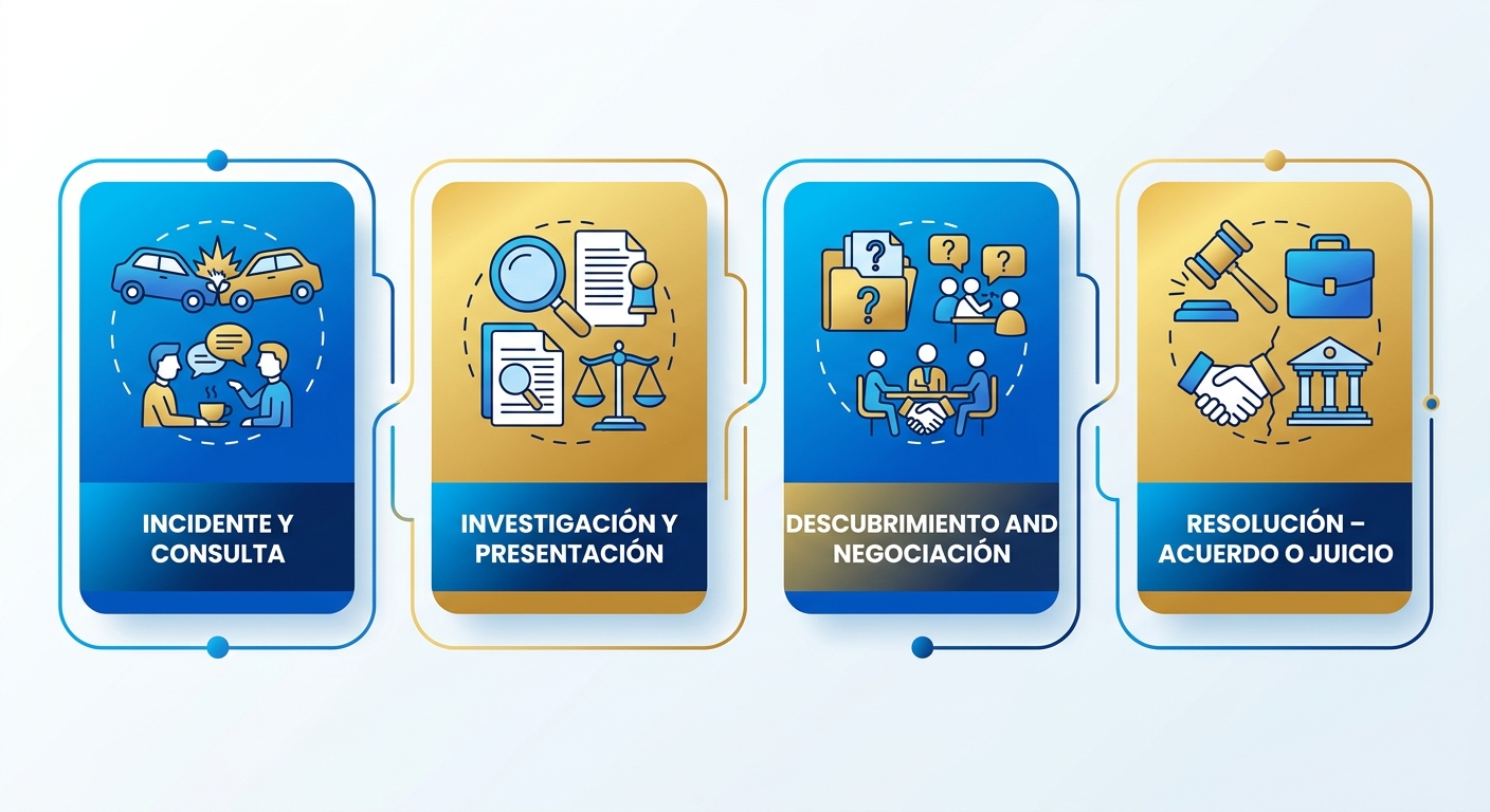 Diagrama de flujo del proceso de caso legal de lesiones personales en California mostrando cuatro etapas desde el incidente hasta la resolución