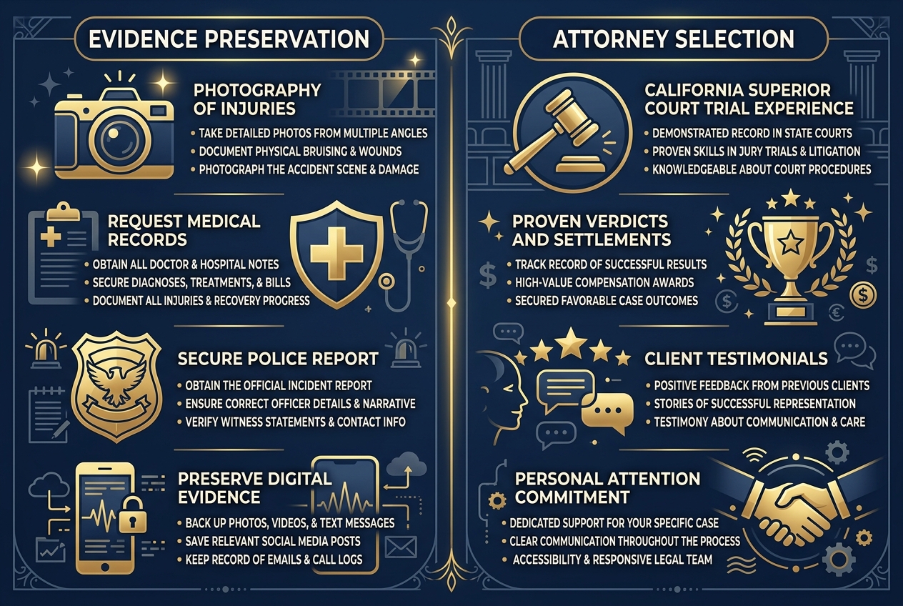 Side-by-side comparison of best practices for preserving personal injury evidence and key criteria for selecting a qualified attorney in California.