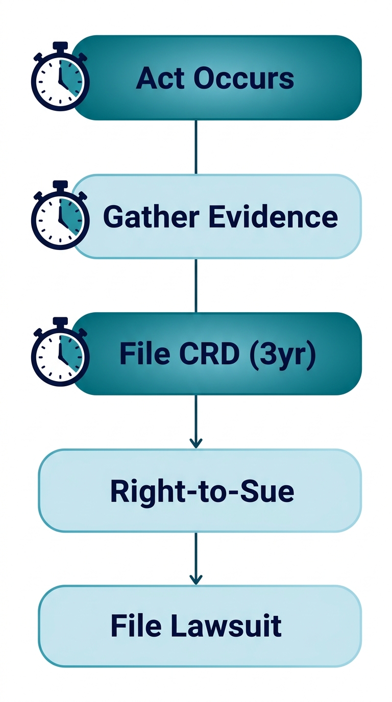 Vertical process flow diagram illustrating the five-step timeline for filing a California discrimination claim, from the discriminatory act to filing a civil lawsuit, with a prominent 3-year statute of limitations countdown.