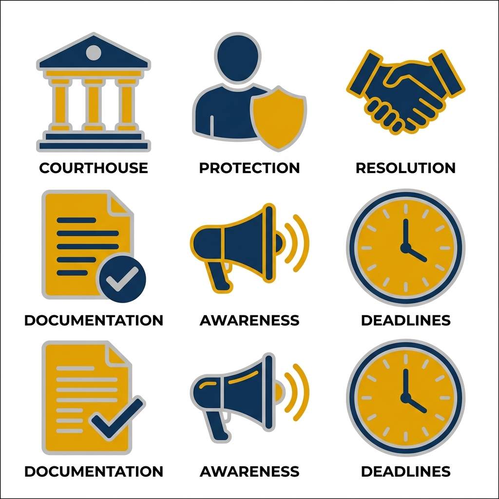 Six flat icons illustrating key California employment discrimination rights concepts: legal protections, protected characteristics, equal treatment, discrimination types, retaliation reporting, and statute of limitations.