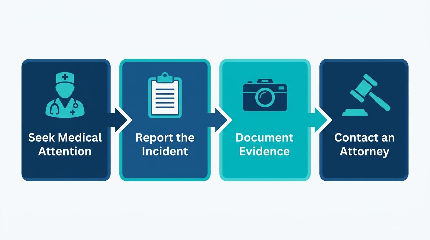 Horizontal infographic with four connected panels showing the steps to take after a slip and fall accident: seek medical attention, report the incident, document evidence, and contact an attorney.