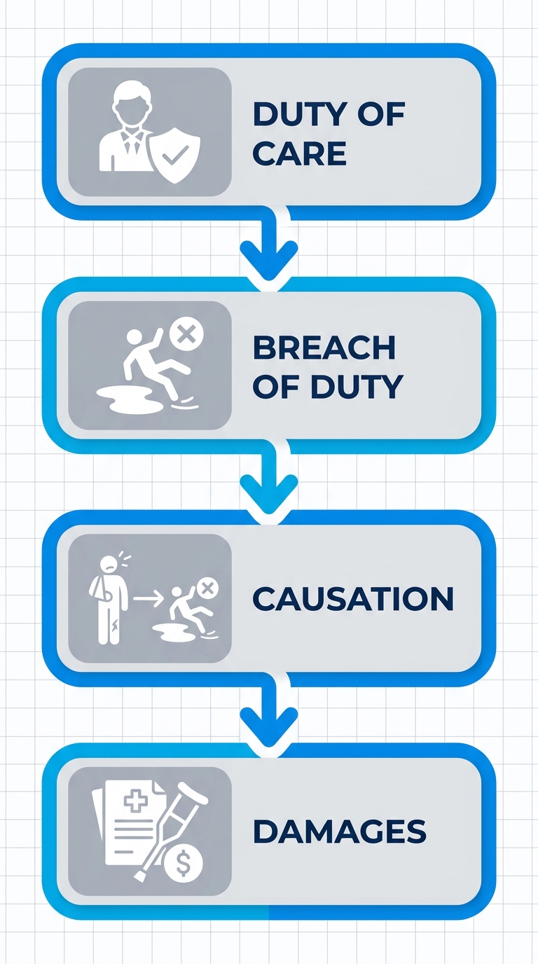 Vertical process flow diagram showing the four elements of negligence for a California premises liability claim: Duty of Care, Breach of Duty, Causation, and Damages.