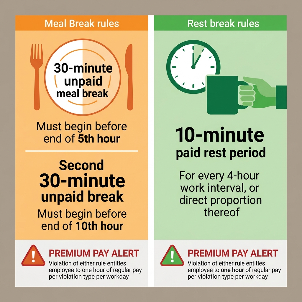 Infographic comparing California meal and rest break requirements with orange and green accent panels