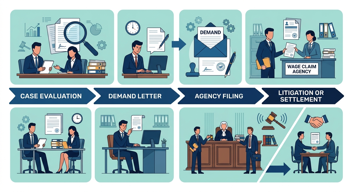 Illustration showing four progressive stages of the unpaid wage recovery process, including evaluation, demand letter, agency filing, and resolution.