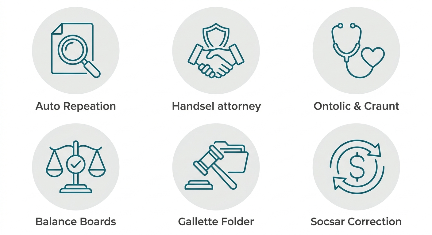 Six outline icons representing evidence collection, insurance negotiation, medical coordination, liability analysis, litigation, and compensation calculation, uniformly arranged in a clean grid.