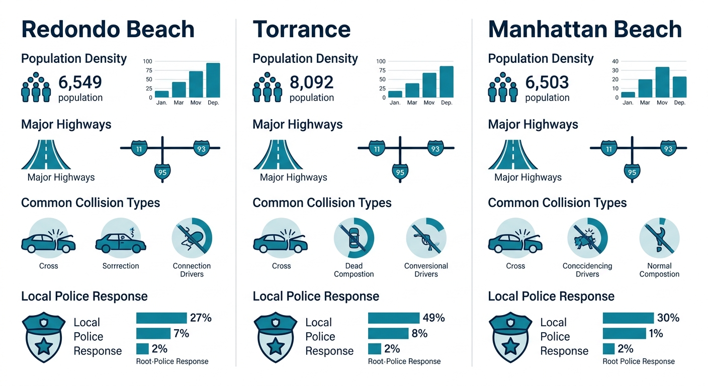 Three-column comparison infographic for Redondo Beach, Torrance, and Manhattan Beach traffic and safety factors.