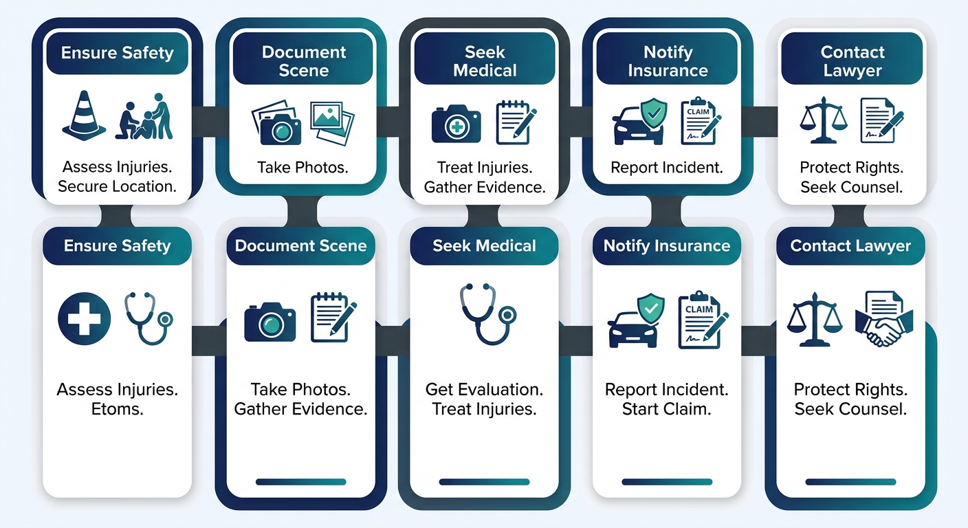 Post-auto crash action flowchart with five vertical stages illustrating the recommended steps to take after a collision in Redondo Beach, California.
