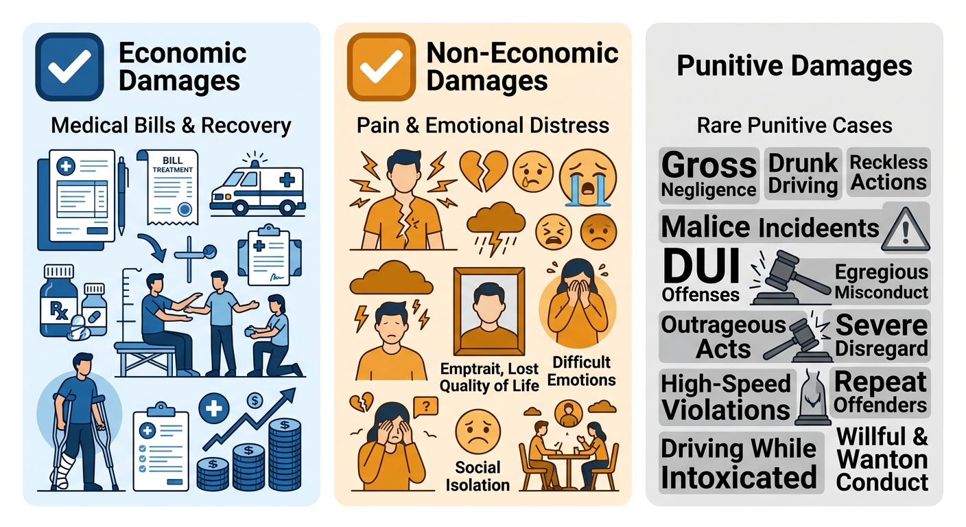Three-column infographic comparing economic, non-economic, and punitive damages after an auto crash in California, using blue, orange, and gray color coding on a white background.