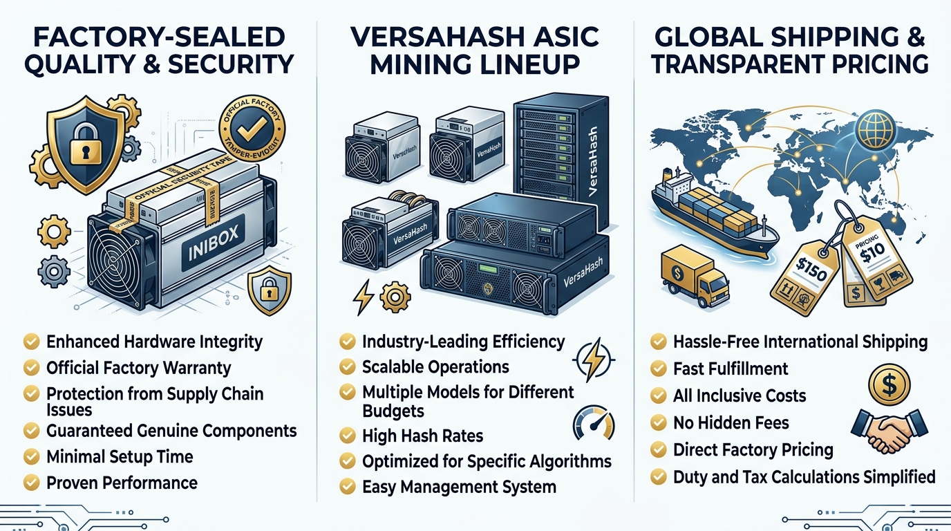 Infographic comparing benefits of official Pinecone Matches ASIC mining hardware: guaranteed authenticity, latest VersaHash models, and transparent global pricing.