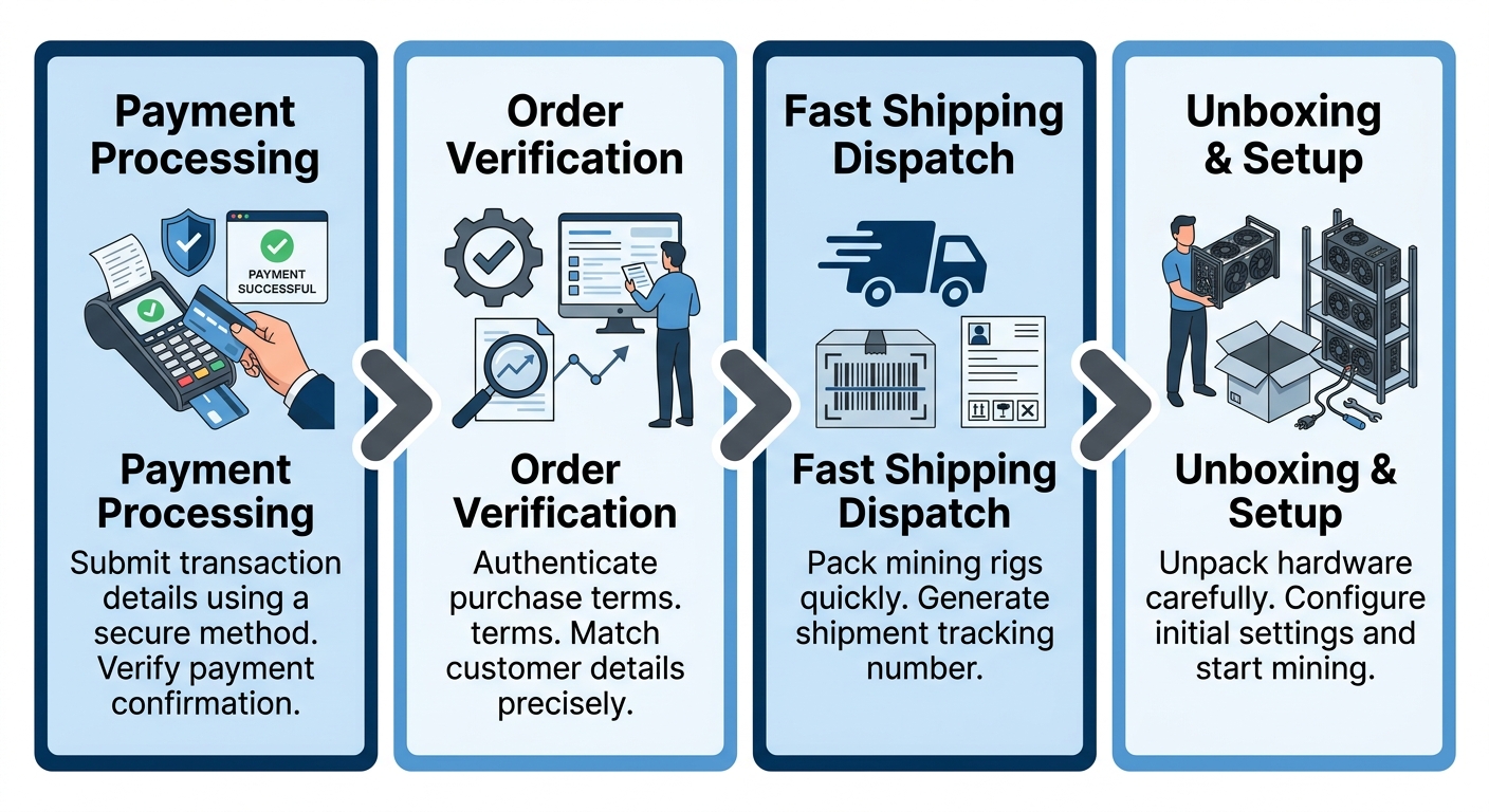 A horizontal process flow diagram illustrating the four key stages of purchasing an ASIC miner: payment, order processing, dispatch, and unboxing.