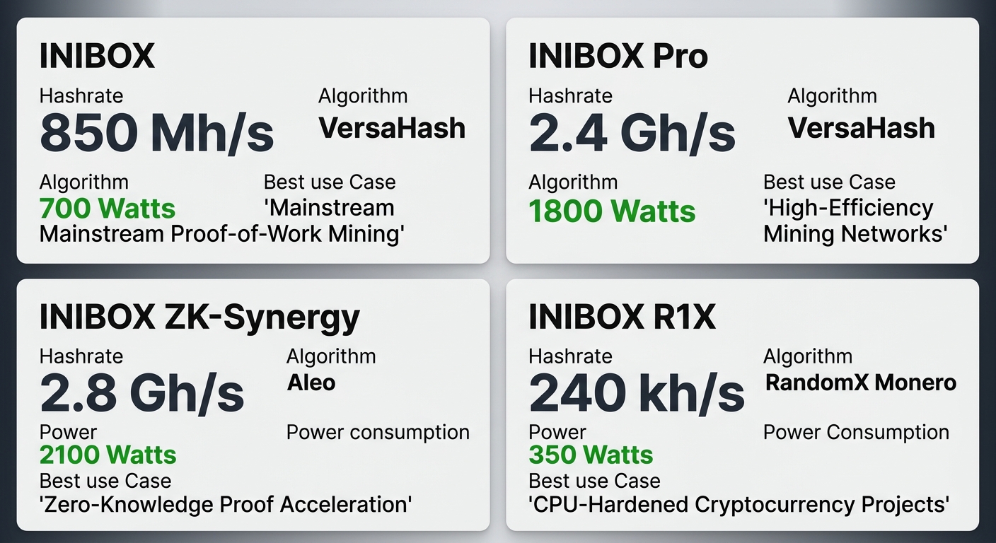 Side-by-side technical specification comparison of four INIBOX ASIC miner models with hashrate and algorithm details