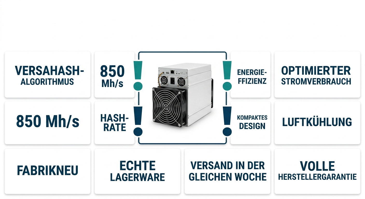 Infografik des Pinecone Matches INIBOX ASIC Miners mit 850 Mh/s Hash-Rate, VersaHash-Algorithmus und Produkthighlights