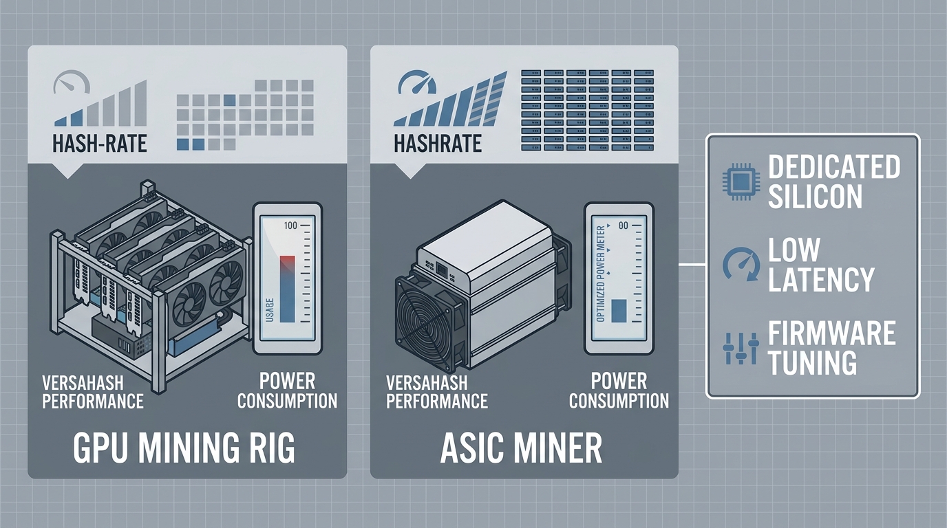 Visual comparison of GPU mining rig versus ASIC miner architecture, highlighting superior efficiency and dedicated silicon design for VersaHash algorithm computation.