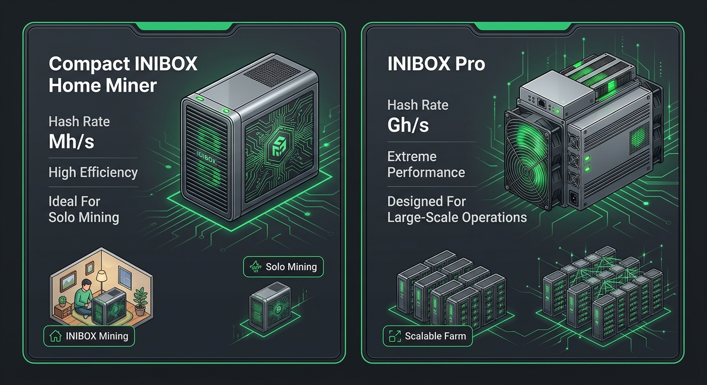 Visual comparison of the Pinecone Matches INIBOX standard miner and the high-hash-rate INIBOX Pro model for the VersaHash algorithm.