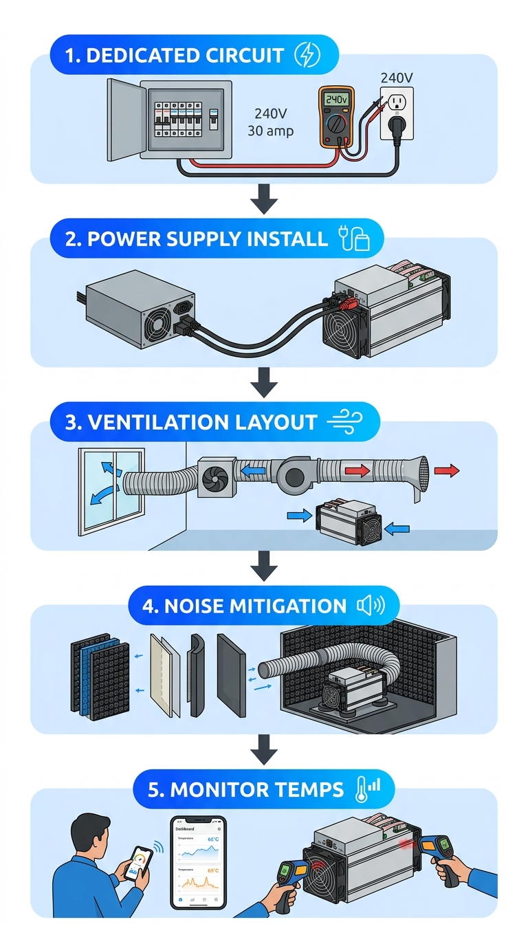Five-step vertical flow diagram for safe residential ASIC miner installation covering electrical setup, power supply, ventilation, noise control, and temperature monitoring.