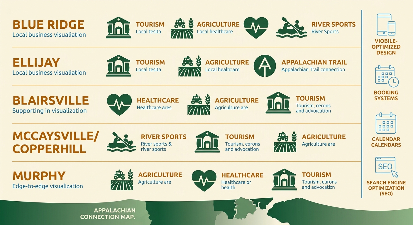 Infographic comparing five North Georgia communities and their key industries with web presence needs sidebar