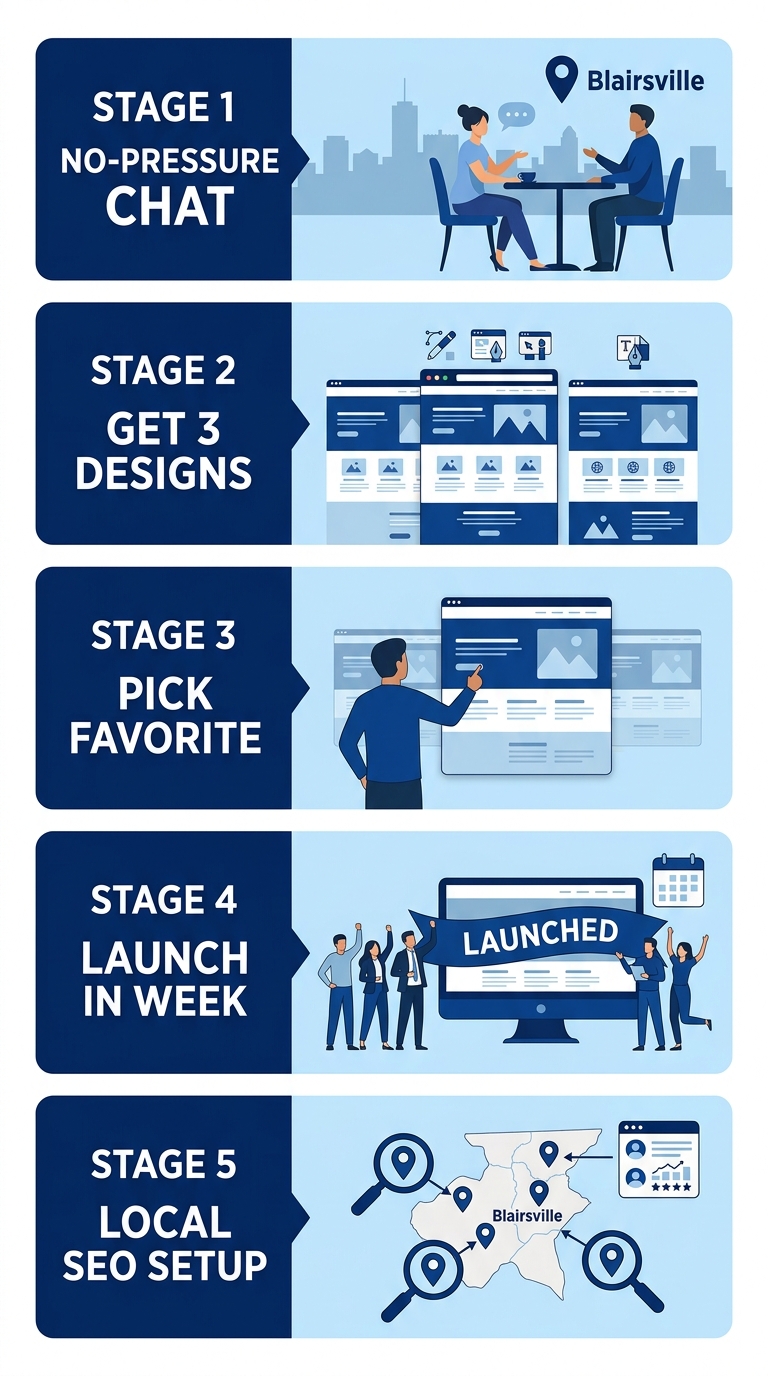 5-step vertical process flow for Blue Ridge Websites custom web design services in Blairsville