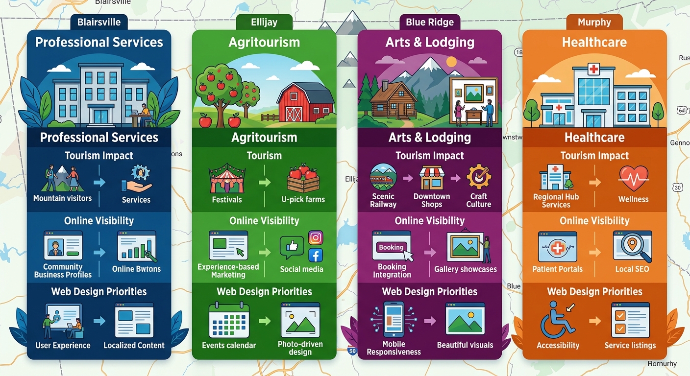 Infographic comparing the business landscapes and web design needs of four North Georgia towns: Blairsville, Ellijay, Blue Ridge, and Murphy.