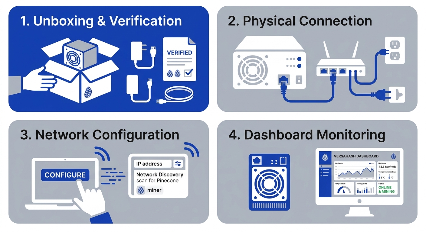 A four-step vertical process flow diagram illustrating the physical setup, network configuration, and monitoring of a Pinecone Matches INIBOX ASIC mining device, without any title text.