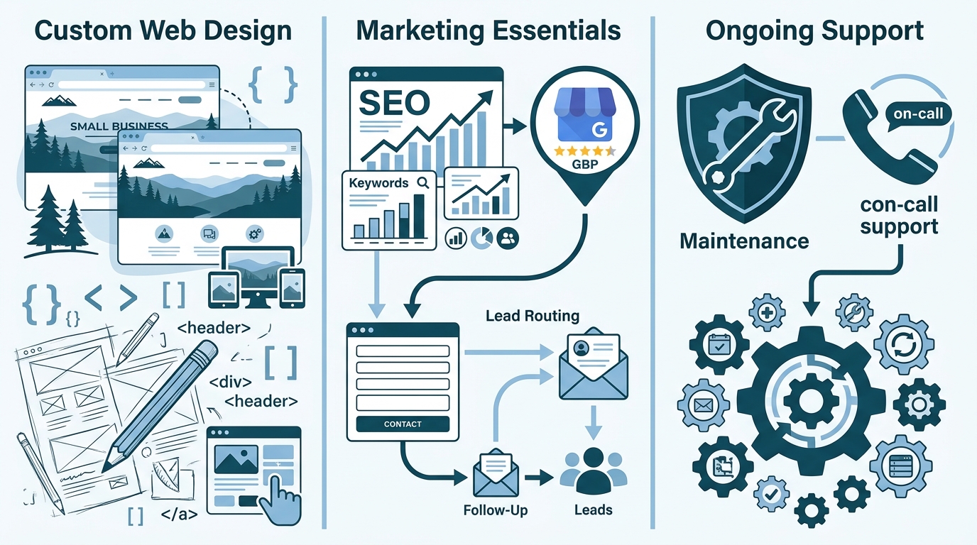 Three-column infographic of web design, marketing, and support services for Blue Ridge area businesses