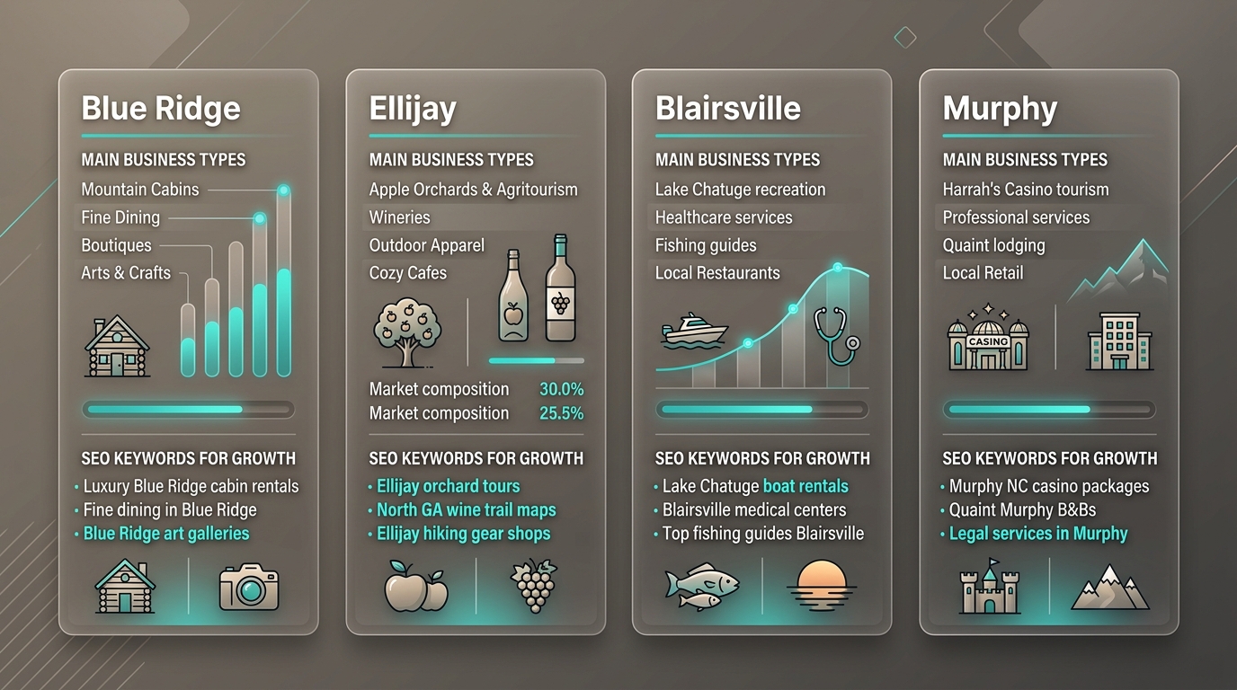 Infographic comparing web design and SEO opportunities across four North Georgia communities including Blue Ridge, Ellijay, Blairsville, and Murphy, North Carolina.