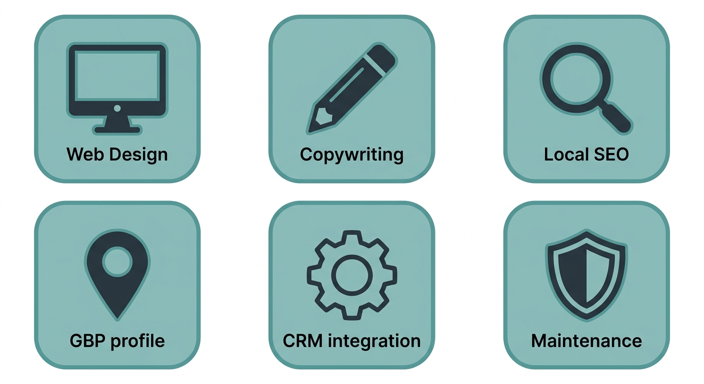 Grid of six service icons for Blue Ridge Websites including web design, copywriting, SEO, Google Business Profile, CRM integration, and hosting maintenance.