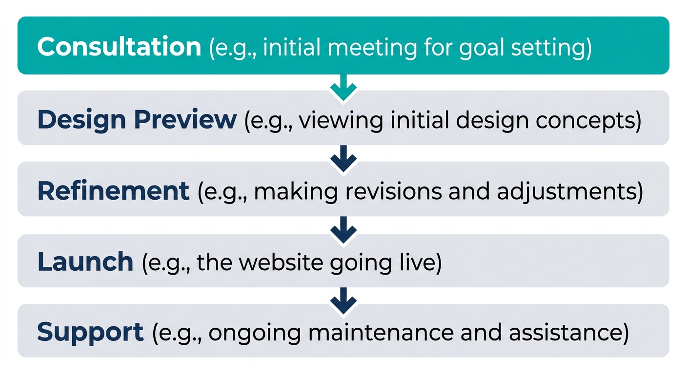 A five-step vertical process flow diagram showing the journey from consultation to ongoing support for launching a business website in Blairsville, using a teal and dark blue color scheme.