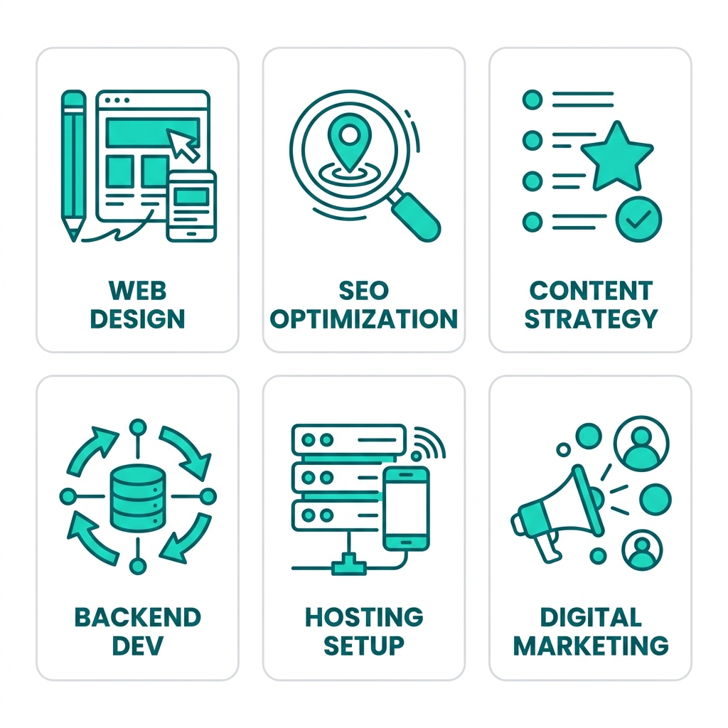 Grid of 6 outline icons representing web design services: Custom Design, Local SEO, GMB Management, CRM Setup, Hosting and Support, and Digital Ads.
