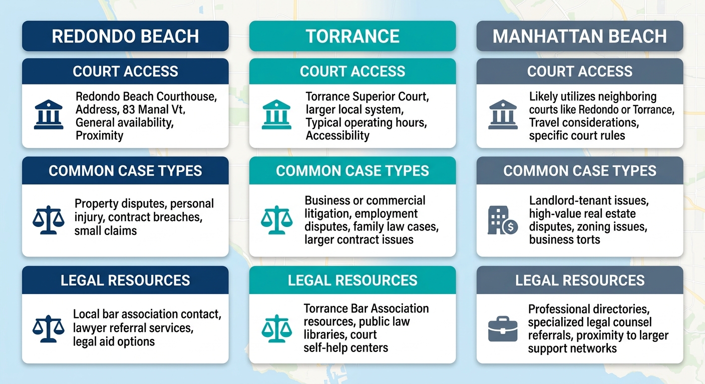 Infographic comparing civil litigation in Redondo Beach, Torrance, and Manhattan Beach across court access, case types, and legal support.