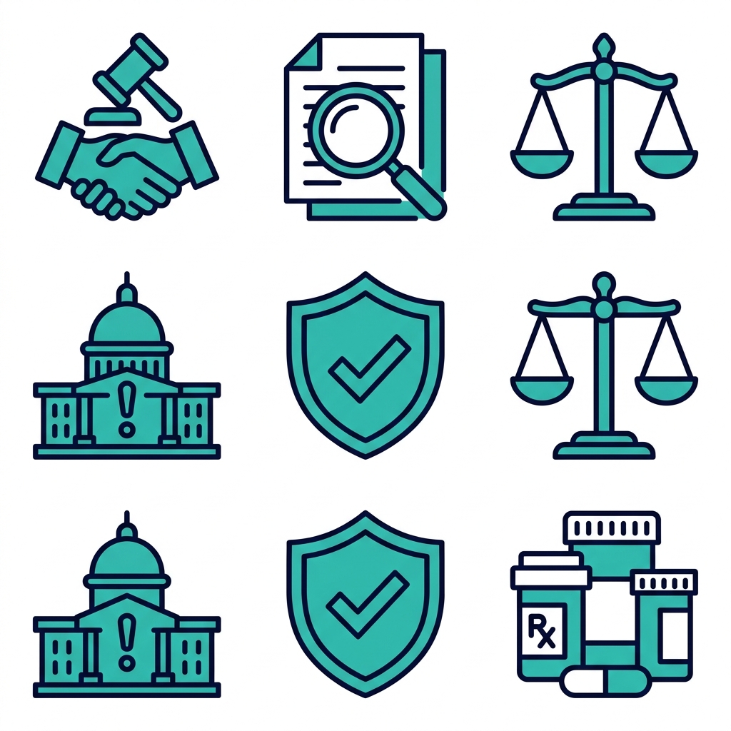 Grid of outlined icons representing civil litigation case types including business disputes, corporate fraud, wrongful death, employment litigation, insurance bad faith, and mass torts on a white background.