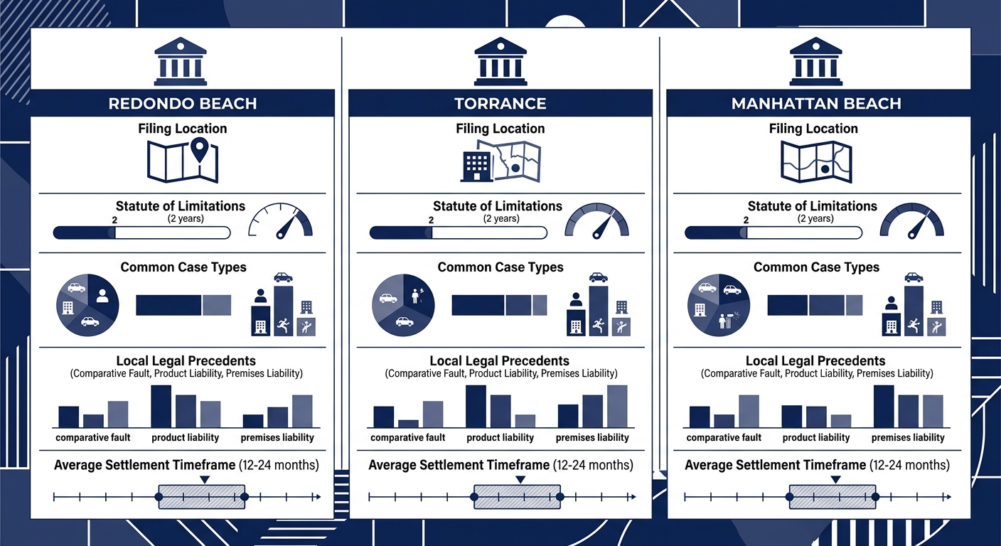 Visual comparison of wrongful death claims across three California cities: Redondo Beach, Torrance, and Manhattan Beach.